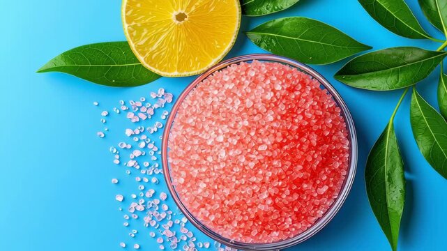 Pink bath salt, lemon slice, and green leaf blue background create vibrant spa relaxation scene with wellness, freshness, natural beauty