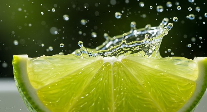 Close-up of a vibrant lime slice with water splashing and droplets against a blurred green background