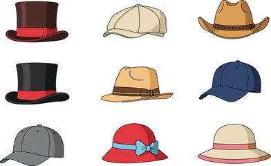 Vector collection of fashionable hats in various styles and colors for costume design, fashion accessories, cultural themes, and headwear icons