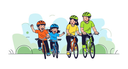 Fototapeta premium Happy family of four riding bicycles together during a bright and sunny day outdoor