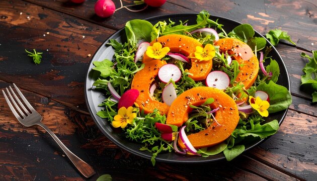 Vibrant salad with fresh greens, squash slices, radishes, and edible flowers on rustic wood.