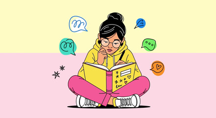 Girl Writing In Notebook Surrounded By Speech Bubbles, Sitting And Thinking