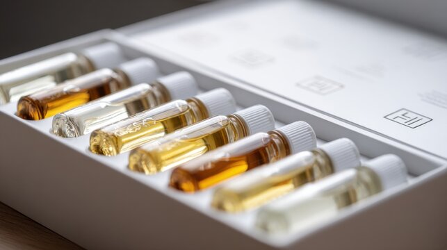 Perfume samples displayed in elegant white box for testing and smelling fragrances