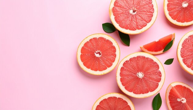 Symmetrical layout of grapefruit halves on a pink background, highlighting citrus texture and vibrant color.