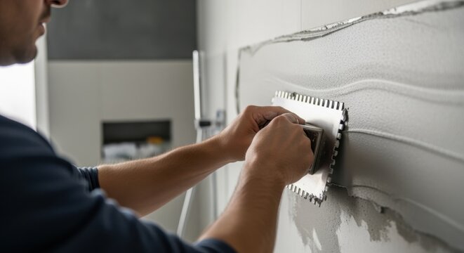POV view of a worker applying microcement on bathroom walls with rhythmic trowelling movements emphasizing technique and control.