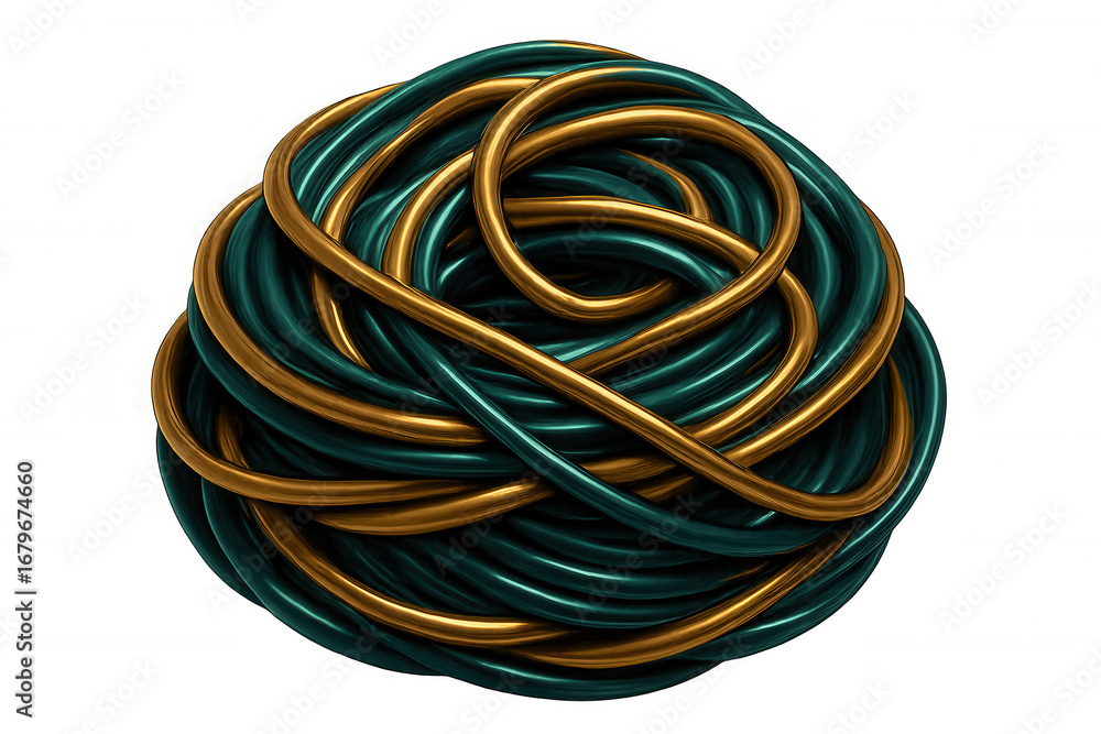 Poster shiny green and gold cables intertwining and creating a spherical shape on a transparent background,
