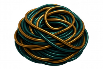 Shiny green and gold cables intertwining and creating a spherical shape on a transparent background, perfect for technology or abstract concepts