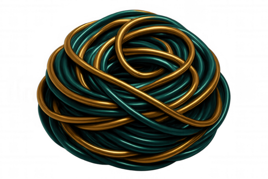Shiny green and gold cables intertwining and creating a spherical shape on a transparent background, perfect for technology or abstract concepts