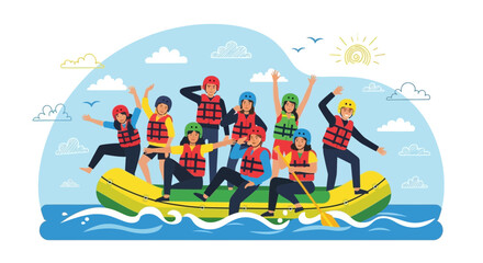 Group of people rafting on a river enjoying the outdoors and having fun together