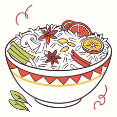 Vector art of hand drawn rice bowl with vegetables