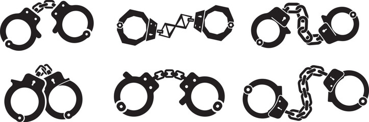 Set of Handcuff Icons Collection – Police Arrest Shackles, Security Chains, Prison Lock Symbol Vector Illustration