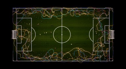 Conceptual Top View of a Soccer Field with Dynamic Player Paths