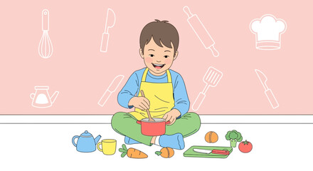 Happy Young Boy Enjoying Cooking in the Kitchen with Vegetables and Kitchen Utensils