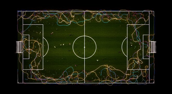 Conceptual Top View of a Soccer Field with Dynamic Player Paths