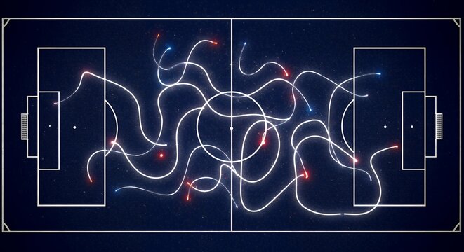 Conceptual Top View of a Soccer Field with Dynamic Lines of Motion