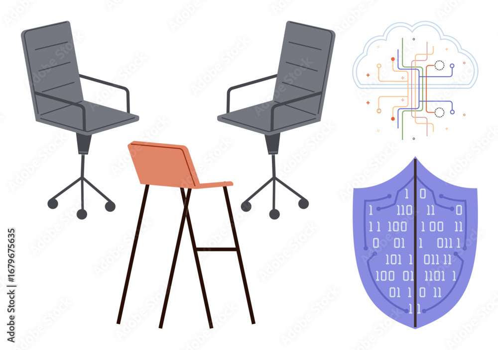 Poster office chairs beside a high stool, network cloud with connections, and a shield with binary code. id