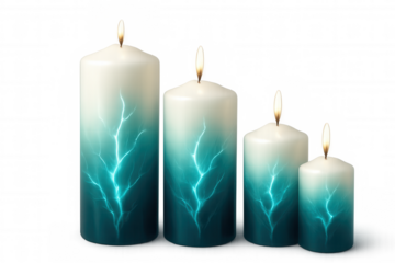 Burning cylindrical candles with teal lightning design, varying in height, glowing against transparent backdrop with ethereal ambiance