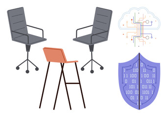 Office chairs beside a high stool, network cloud with connections, and a shield with binary code. Ideal for workplace, technology, security, teamwork, data sharing, innovation and collaboration