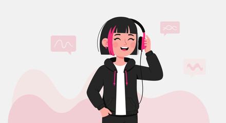 Happy Young Woman Enjoying Music With Headphones, Creative Illustration, Pink Accents
