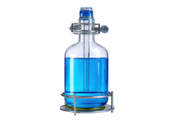 Glass Reagent Bottle with Blue Solution on Transparent Background