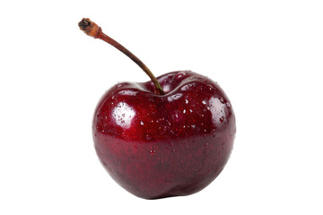 Single Fresh Red Cherry with Stem on Transparent Background