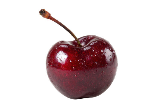 Single Fresh Red Cherry with Stem on Transparent Background
