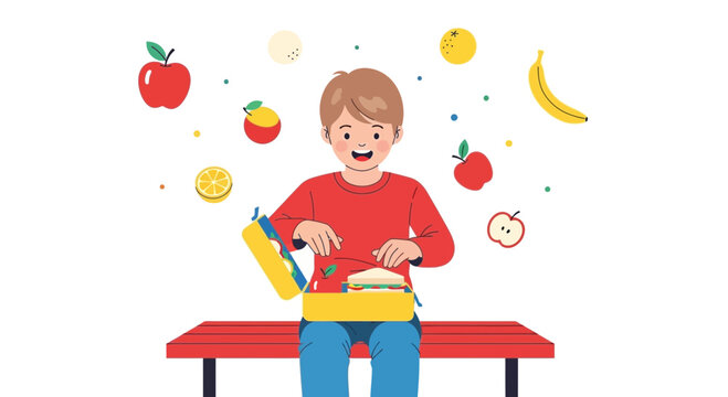 Happy boy with opened lunchbox and some fruits, kids food, healthy eating concept