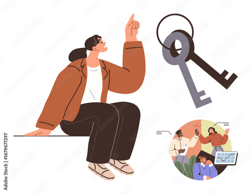 Poster individual pointing upward with keys symbolizing solutions and a circular inset showing collaborativ
