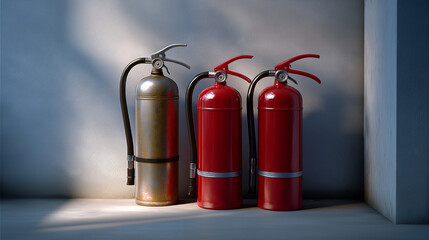 Obraz premium Extinguishers on a wall, the safe scene illuminated by soft light. Extinguishers, hospital, with copy space