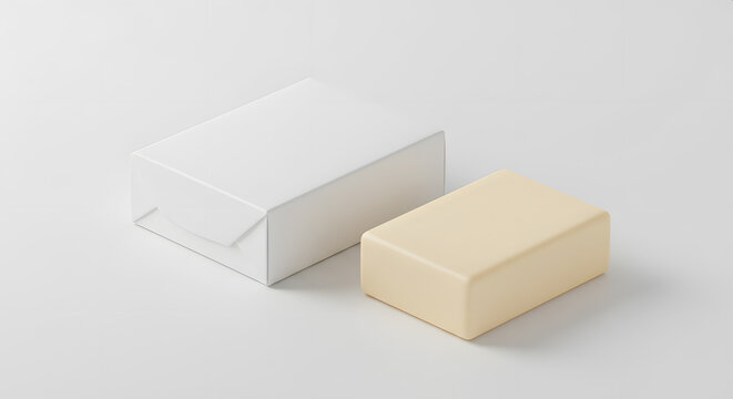 High-resolution stock photo mockup of a plain soap bar package with soap bar outside, blank, no branding, on white background
