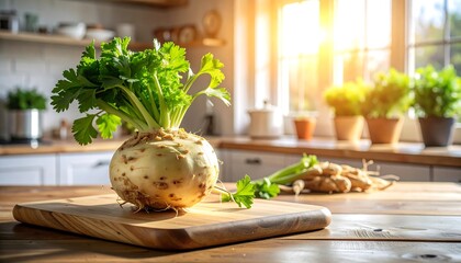 Fresh celeriac root on wooden kitchen counter