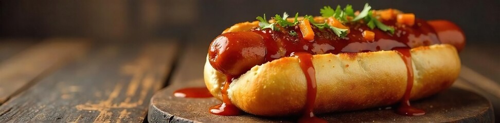 Juicy grilled hot dog in a toasted bun, with classic barbecue sauce dripping down the sides  Perfect summer food, ready to eat! , sauce, tangy, food
