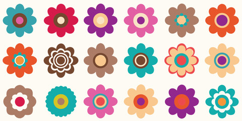Collection of retro inspired daisy flowers in various bright and earthy colors