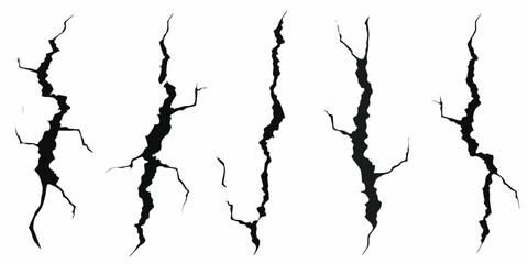 Collection of stylized black cracks and fissures on a white background representing damage and breakage