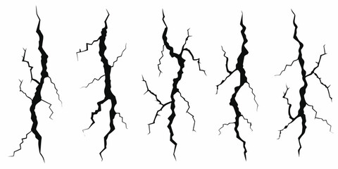 Set of five black crack illustrations on a white background representing seismic activity or structural damage