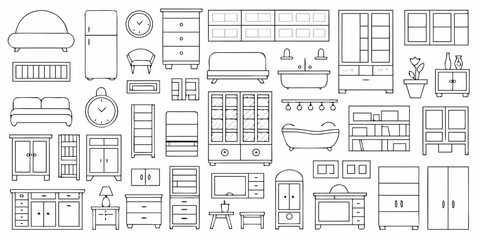 Collection of outline furniture and home decor items for interior design and illustration