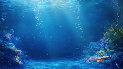 Fototapeta premium Enchanting underwater world with vibrant coral reefs and sunlit bubbles ambiance