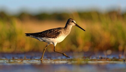 A wading bird walks through shallow water, sunlit in the foreground, a blurred background of grasses and muted light