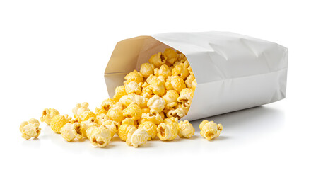 Popcorn bag with popcorn spilled outside, blank, unbranded, isolated