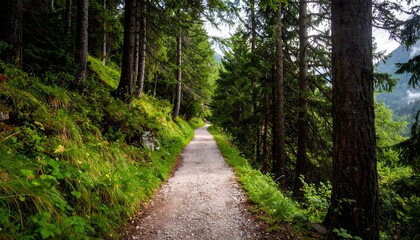 Obraz premium A winding dirt path cuts through a lush forest, flanked by tall, green trees and sunlit foliage.