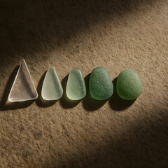 Sea Glass Gems: A collection of smooth, frosted sea glass pieces, meticulously arranged to showcase their individual shapes and subtle variations, radiating natural beauty and serenity.