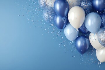 Background with silver and navy blue balloons and sparkles for celebration party. Shiny balloons bunch. Festive Indigo plain backdrop. Horizontal banner. Birthday decoration. Space for greeting text