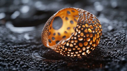 Golden, intricate, ring-like sculpture on dark, wet surface with bubbles