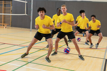 Diverse male volleyball players squatting in defensive stance on gym court by net, volleyballs