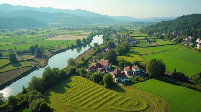 Aerial view of a rural landscape with fields, a river, and houses. Green fields and patches of brown soil, trees and hills. Marketing for countryside, rural land development or eco-village projects