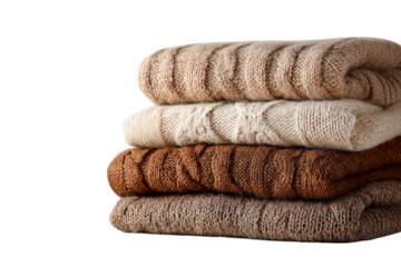 sweaters in different shades of beige and brown, stacked on top of each other against an isolated on a transparent background in PNG format.