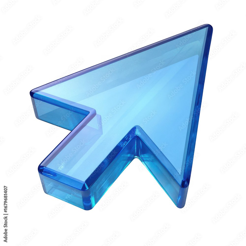 Poster shiny blue glass computer cursor arrow isolated on transparent background