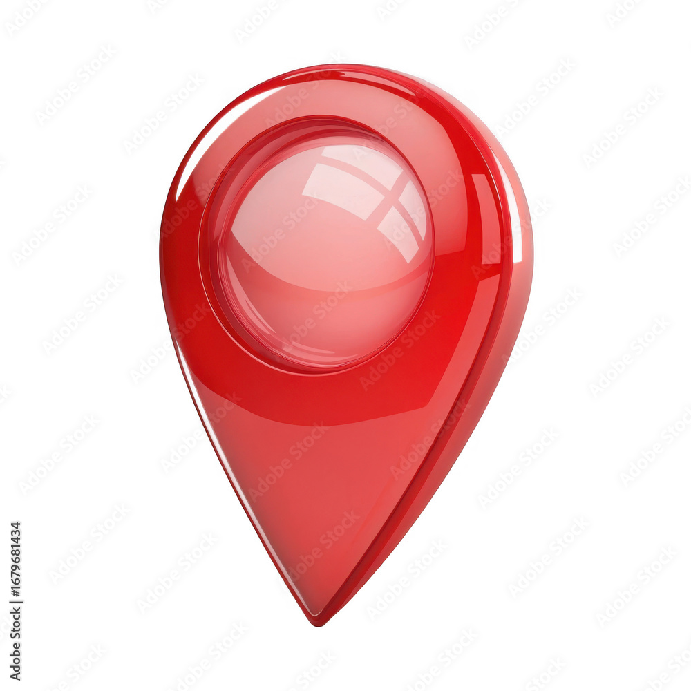 Poster glossy red location pin icon for navigation and mapping services isolated on transparent background