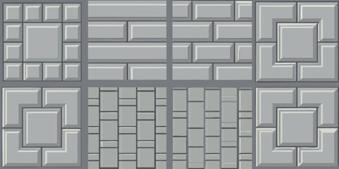 Seamless pattern of grey stone blocks and paving stones in various geometric arrangements