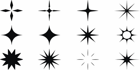 Collection of twelve black starburst and sparkle graphic elements on a white background